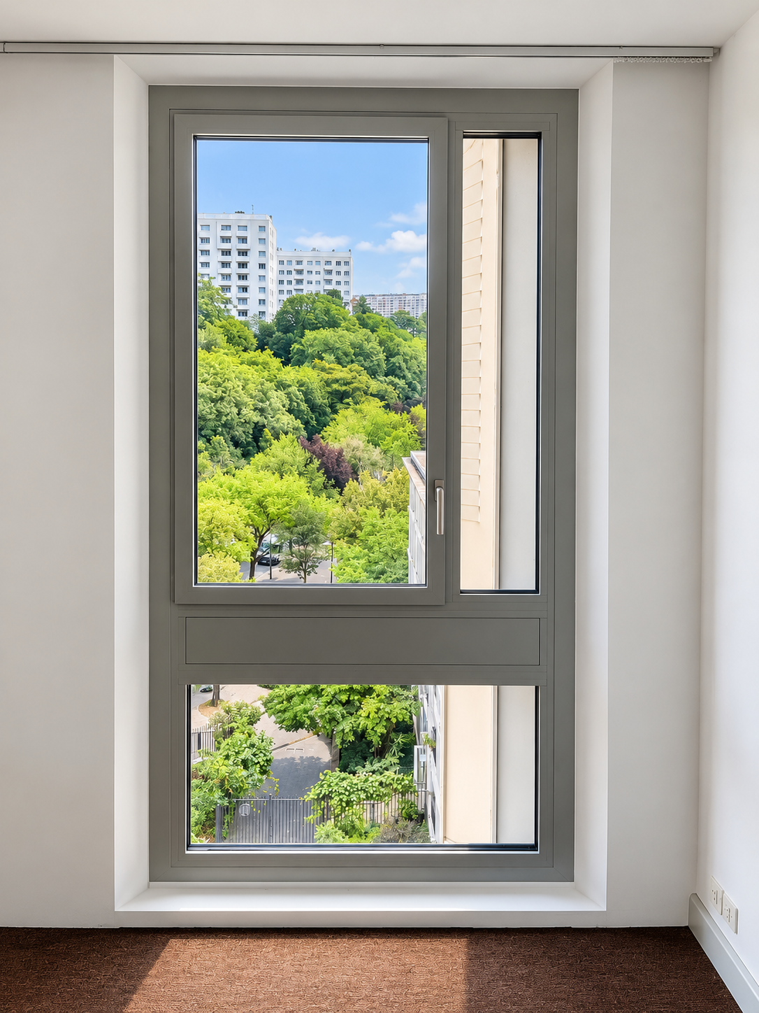 Fenêtre en hauteur — Ouvrant, partie fixe et allège vitrée, teinte gris satiné